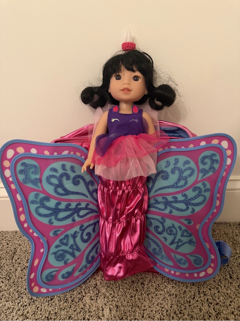 American Girl Butterfly wellie wisher doll with butterfly backpack